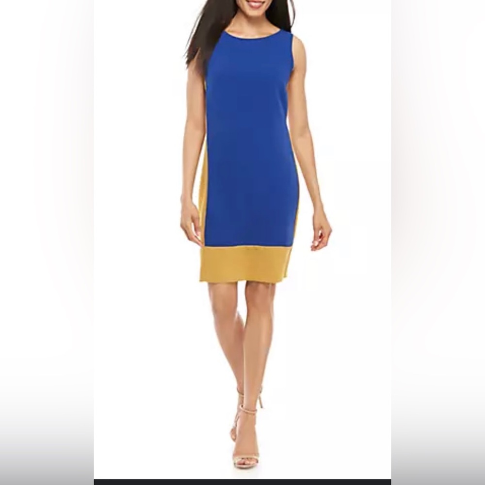 A 2-tone style gives this sleeveless dress from Nine West a contemporary allure